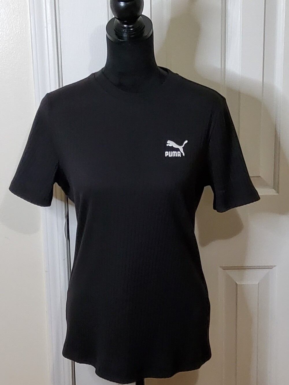 Puma Women's Classic Ribbed Slim Fit Crew Neck T-shirt Top Black Size XL - Picture 3 of 9
